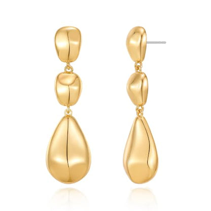 Gold Dangle Earrings for Women,Chunky 14K Gold Plated Drop Dangle Stud Earrings Long Statement Hammered Earring Hypoallergenic Jewelry for Women Gifts - style: Teardrop-GD
