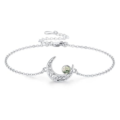 Moon Bracelet for Women 925 Sterling Silver Moonstone/Birthstone Moon Bracelet Butterfly/Dragonfly Bracelet Celtic Moon Butterfly Dragonfly Jewelry Gifts for Women - style: Moss Agate-Silver