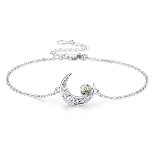 Moon Bracelet for Women 925 Sterling Silver Moonstone/Birthstone Moon Bracelet Butterfly/Dragonfly Bracelet Celtic Moon Butterfly Dragonfly Jewelry Gifts for Women - style: Moss Agate-Silver