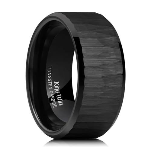 King Will 8mm Mens Hammered Tungsten Rings Matte Brushed Finish | Beveled Edge, Comfort Fit, Durable, Everyday Wear - color: Black 10mm