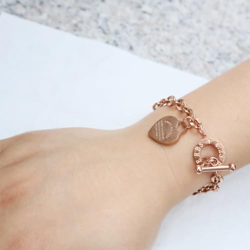 Heart Charm Bracelet Plated 18K Gold/Silver/Rose Gold Bible Scripture Heart Bracelet for Women Jewelry Gift Zircon Her Link Chain OT Clasp Stainless Steel Birthday - color: Rose Gold, size: 9.1 inch