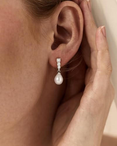 Pearl Earrings for Women Trendy Dainty Wedding Earring 14K Gold Plated/Silver Plated Dainty Cute Drop Dangle Pearl Earrings Studs Hypoallergenic CZ Diamond Wedding Earrings for Brides Prom Jewelry Gift for Women - color: 07.Silver long