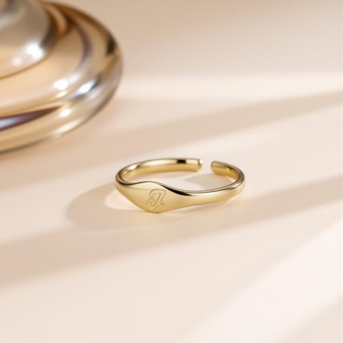 Initial Rings for Women Men - Dainty 14K Gold Plated Signet Rings, Open Adjustable Letter & Heart Ring Jewelry, Christmas Stocking Stuffers Birthday Gifts for Women - style: K