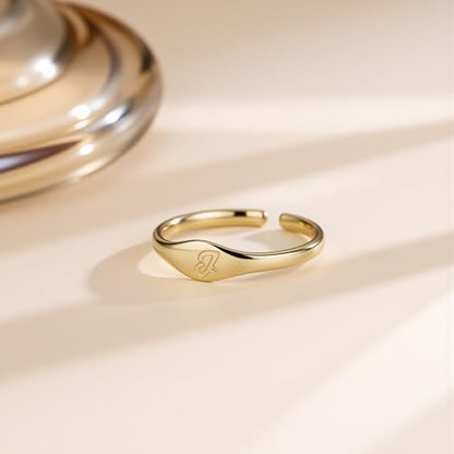 Initial Rings for Women Men - Dainty 14K Gold Plated Signet Rings, Open Adjustable Letter & Heart Ring Jewelry, Christmas Stocking Stuffers Birthday Gifts for Women - style: A'