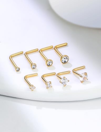 18G 20G 22G Round Cubic Zirconia Nose Rings Studs for Women Men 316L Stainless Surgical Steel Nose Ring Stud Piercing Jewelry Silver Gold Clear CZ 1.5mm 2mm 2.5mm 3mm - style: 20G L Shaped Gold