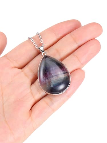 Jovivi Rainbow Fluorite Crystal Teardrop Pendant Necklace Natural Healing Stone Reiki Quartz Gemstone Necklace Jewelry for Women Men
