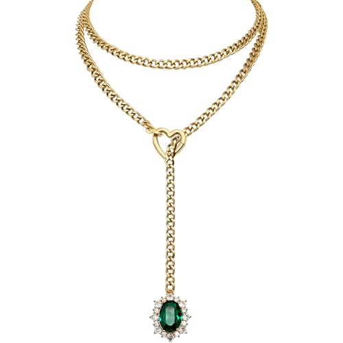 Women's Heart O-Ring Slip Chain Necklace, Double Layered Adjustable 39'' Cuban Chain with Detachable Heart Clasp and Colorful Rhinestone Pendant - color: 39'' Gold-Emerald Green