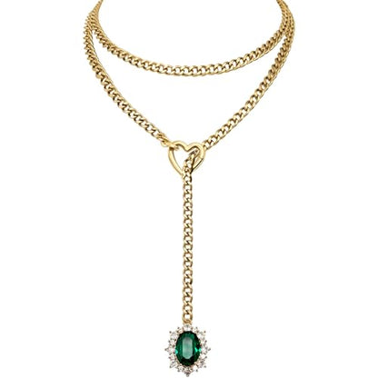 Women's Heart O-Ring Slip Chain Necklace, Double Layered Adjustable 39'' Cuban Chain with Detachable Heart Clasp and Colorful Rhinestone Pendant - color: 39'' Gold-Emerald Green