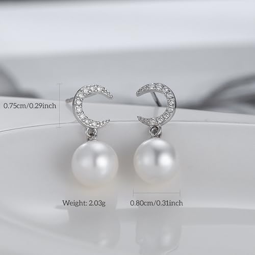 Double Pearl Drop Earrings for Women 925 Sterling Silver | 18k Gold Plated Big Large Pearl Dangle Earrings Pearl Dangling Stud Earring Bridal Wedding Jewelry Birthday Gifts for Mom - color: G-Silver Moon