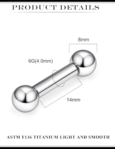 2G 4G 6G 8G 10G 12G 14G 16G Astm F136 Titanium Internally Threaded Nipple Tongue Rings Piercing Jewelry Industrial Straight Barbell Tongue Nipple Ring Bridge Piercing Jewelry For Women Men - size: 6 Gauge-14MM
