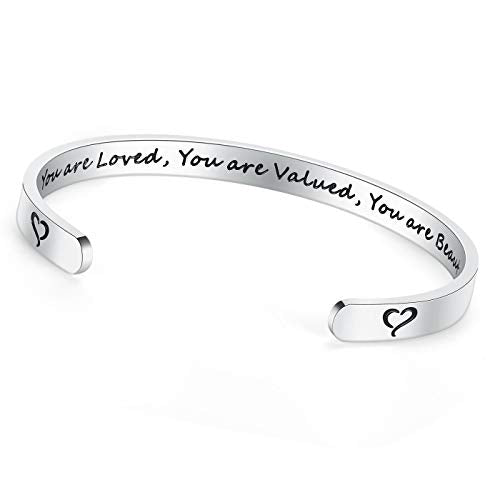 TONY & SANDY Inspirational Bracelets for Women Teen Girls Personalized Gifts for Daughter Granddaughter Mom Sister Friends Stainless Steel Engraved Cuff Birthday Easter Christmas - style: 0 - You are loved you are valued you are beautiful