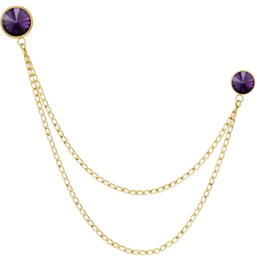 HAWSON Birthstone Brooch Pin for Men with Hanging Chain & Crystal, Mens Gold Tone Lapel Pin for Wedding/Birthday/Party Dress Suits Accessories - color: February Amethyst