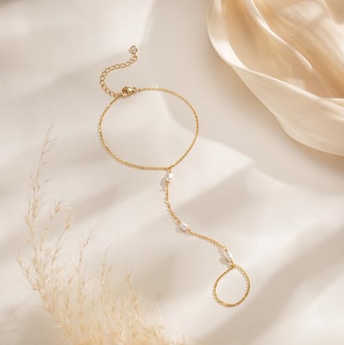 NECOCY 14K Gold Plated Pearl Bracelets for Women, Dainty Bracelets Stack Trendy Pearls Beaded Link Chain Charm Bracelets Set Layered Tiny Wedding Prom Jewelry Gift for Women Mother's Day Graduation - style: Style-7