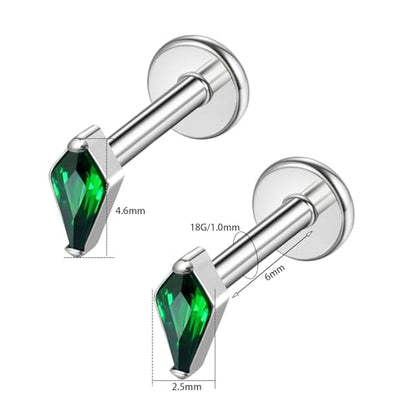 BelezaDosas G23 Hypoallergenic 18g Flat Back Studs Earrings F136 Implant Grade Titanium Tiny Press Fit Threadless Push in Cartilage Helix Labret Lip Conch Tragus Piercing Jewelry - style: BD-Rhombus-Green