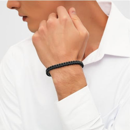 18K Gold-Plated Bracelets for Men Franco Link Chain Adjustable | Stainless Steel Bracelet, Gold Beads Bracelet, Handcrafted Braided, Mens Jewelry Birthday Gift for Men - color: Black