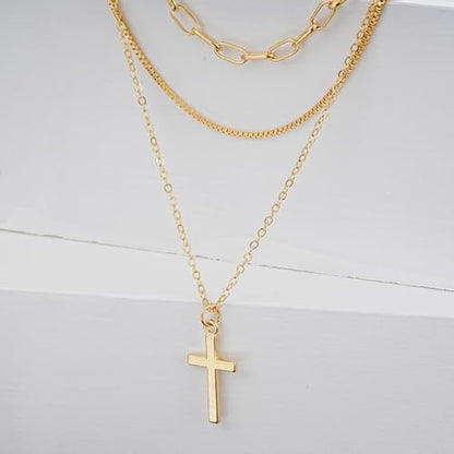 Gmai Layered Necklaces for Women Gold Plated 3/4/5 Piece Adjustable Stackable Necklace Set with Pearl Cross Coin Pendant Dainty Gold Silver Choker Chain Jewelry Gift for Her - style: Paperclip cross
