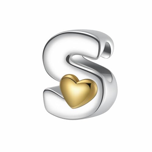 A~Z Alphabet Charm Letter Beads 925 Sterling Silver with Heart-shaped 5A Cubic Zircon Stones fits Pandora European Bracelets Necklace Jewelry Gift for Women - style: S Letter Charms