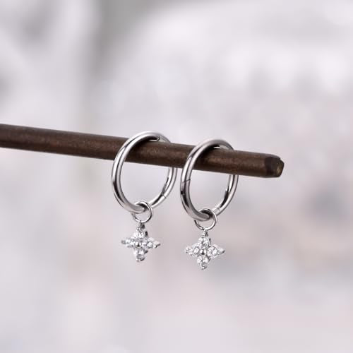 Ourania 16G Gold Stainless Steel Zircon Dangle Huggie Hoop Rook Piercing Helix Hoop Earring Tragus Hoop Cartilage Piercing for Women - color: Round Flower Silver 2PCS, size: 1.2*6mm 2pcs