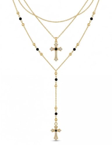 4PCS Layered Gold Cross Necklaces for Women Trendy, Bohemian Bead Pearl Y Long Pendant Necklace Set, Vintage Rosary Necklace Stack Adjustable Length - color: black-Halloween-3PCS