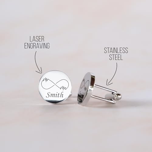 Custom engraved cufflinks for men, personalized wedding gift for groom, father of the bride & groom dad, best men, customized gold & silver cufflinks with dates, quotes or couples initials from bride - style: Infinity symbol & Last Name
