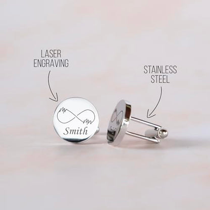 Custom engraved cufflinks for men, personalized wedding gift for groom, father of the bride & groom dad, best men, customized gold & silver cufflinks with dates, quotes or couples initials from bride - style: Infinity symbol & Last Name