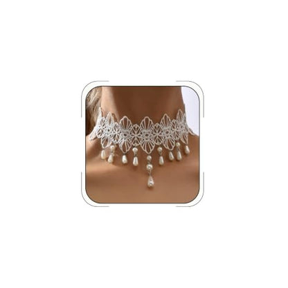 Lace Choker Necklace for Women Gothic Pearl Pendant Necklace Halloween Cosplay Jewelry - color: Pearl Tassel