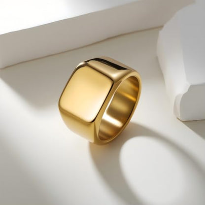 Mens Stainless Steel Plain Signet Rings 4/7/10/14MM Rectangular Pinky Rings | High Polish Classic Blank Thumb Rings, Everyday Comfit Wear, Gift for Men - color: Gold14