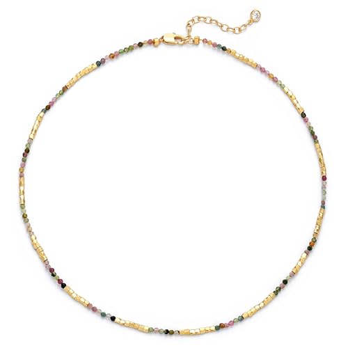 MTMY Beaded Gemstone Choker Necklace for Women | 14K Gold Plated, Colorful Natural Stone, Bead Chain, Boho Summer Beach, Handmade Jewelry - color: Tourmaline