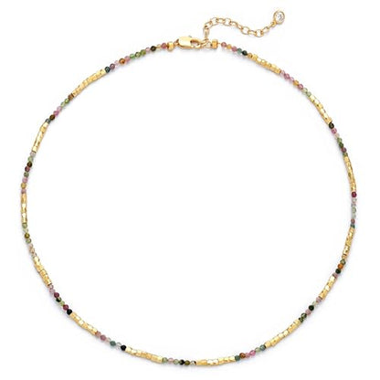 MTMY Beaded Gemstone Choker Necklace for Women | 14K Gold Plated, Colorful Natural Stone, Bead Chain, Boho Summer Beach, Handmade Jewelry - color: Tourmaline