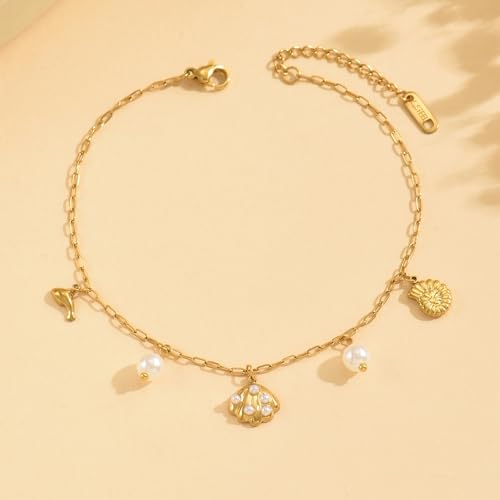 18K Gold Plated Waterproof Summer Beach Ankle Bracelets for Women | Starfish Sea Shell Pearls CZ Diamond Dangle Anklets - style: Shell Pearls-GD