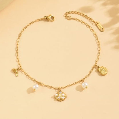 18K Gold Plated Waterproof Summer Beach Ankle Bracelets for Women | Starfish Sea Shell Pearls CZ Diamond Dangle Anklets - style: Shell Pearls-GD