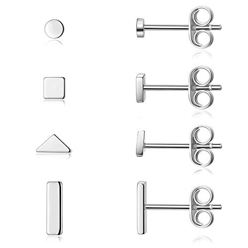EPIRORA Sterling Silver Stud Earrings for Women Men- 4 Pairs of Hypoallergenic Simple Geometric Small Stud Earring Set Tiny Circle Triangle Square Bar Stud Earrings Mini Cartilage Tragus Earrings - style: Style 1- Silver