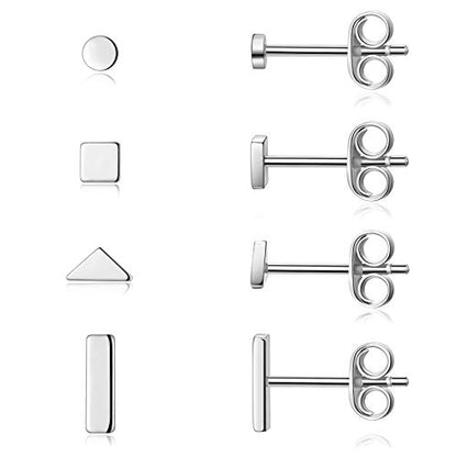 EPIRORA Sterling Silver Stud Earrings for Women Men- 4 Pairs of Hypoallergenic Simple Geometric Small Stud Earring Set Tiny Circle Triangle Square Bar Stud Earrings Mini Cartilage Tragus Earrings - style: Style 1- Silver