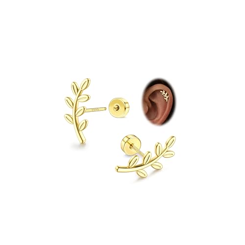 925 Sterling Silver Flat Back Stud Earrings for Women Hypoallergenic | 14K Gold Plated Cartilage Earrings for Sensitive Ears | Leaf Flower CZ Helix Tragus Piercing Jewelry - color: G-Leaf Style2