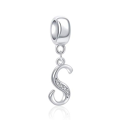 925 Sterling Silver Charms Alphabet Beads fit Pandora Charm Bracelets A-Z Letter Initial Spacer Dangle Clear CZ Stone Authentic for Snake Chain Bracelets - color: S