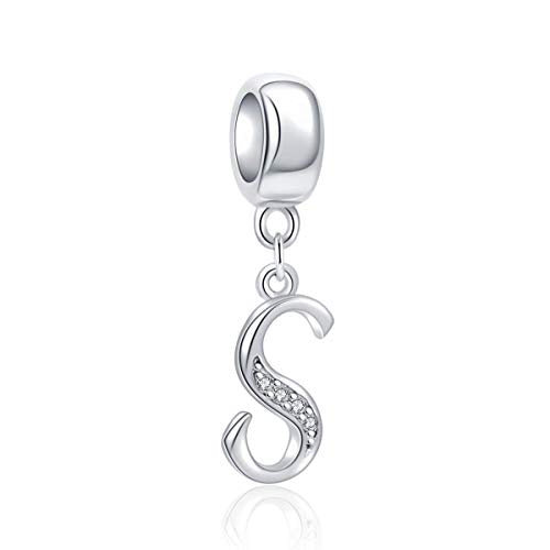 925 Sterling Silver Charms Alphabet Beads fit Pandora Charm Bracelets A-Z Letter Initial Spacer Dangle Clear CZ Stone Authentic for Snake Chain Bracelets - color: S