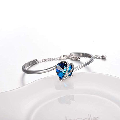 AOBOCO I Love You Jewelry - Sterling Silver Blue Purple Love Heart Bangle Bracelet Embellished with Crystals from Austria, Fine Anniversary Birthday Jewelry Gifts for Women - style: 02 Blue Bracelet