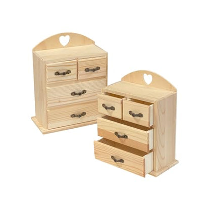 Pack of 2 Unfinished Wood box with Mini Drawers for Jewellery,Small Wooden Organizer Storage Box for Crafts Hobbies DIY Project
