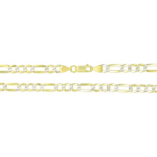 14K Gold or Rhodium Plated Silver Figaro Diamond Cut Pave Chain For Men | 1mm-13mm Thick | Solid 925 Figaro Italian Necklaces For Men - style: 5.50MM- Yellow & White