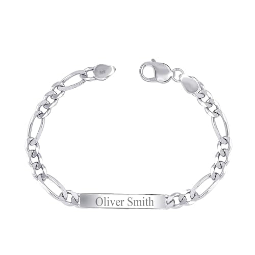 LeCalla Personalized Customised Engraved Name Men's Figaro Chain ID Bracelet in 925 Sterling Silver Personalized Custom Birthday Christmas Fathers Day Jewelry Gift for Dad Husband - color: Thickness 7.5 mm