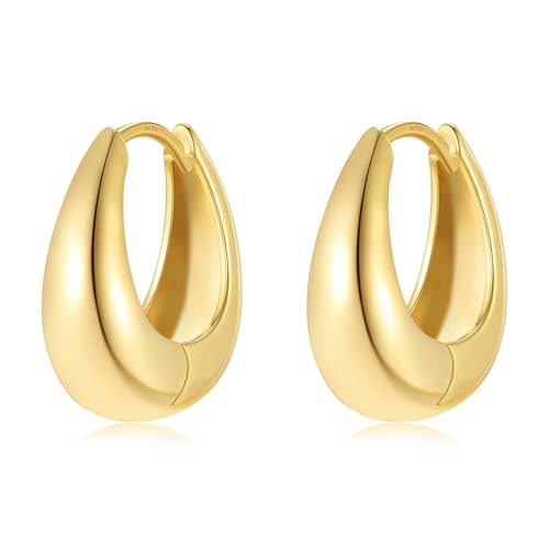 Trendy Small Chunky Hoops Teardrop Huggie Earrings for Women | 925 Sterling Silver Post, 14k Gold or Silver Plated, Hypoallergenic, Oval Thick Hoop Earrings for Women - color: Gold, size: Big