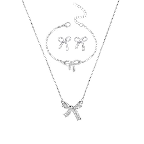 Gold Bow Necklace Bracelet Earrings Set for Women Bowknot Choker Necklace Ribbon Stud Earrings Silver Bow Bracelet Christmas Holiday Jewelry - color: Silver-1
