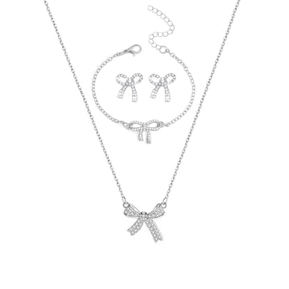 Gold Bow Necklace Bracelet Earrings Set for Women Bowknot Choker Necklace Ribbon Stud Earrings Silver Bow Bracelet Christmas Holiday Jewelry - color: Silver-1