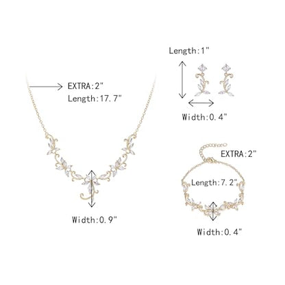 Crysdue Flower Leaf Wedding Jewelry Set for Bridal Bridemaid, Cubic Zirconia Teardrop Elegant Silver/14K/Rose Gold Plated Vine Necklace Dangle Earrings for Prom Party - style: B_Three Set Gold Tone