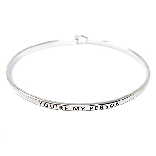 by you Inspirational Positive Message Engraved Thin Cuff Bangle Hook Bracelet - color: You're My Person-Silver