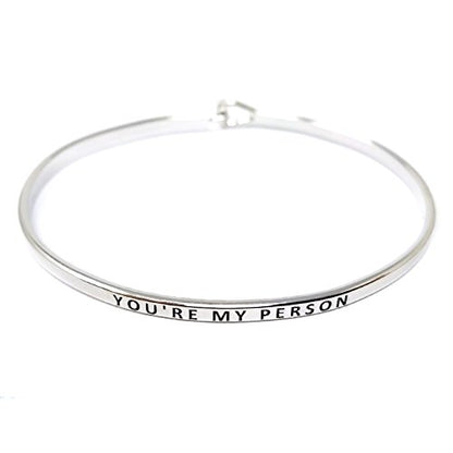 by you Inspirational Positive Message Engraved Thin Cuff Bangle Hook Bracelet - color: You're My Person-Silver
