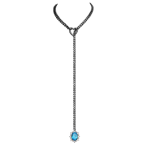 Women's Heart O-Ring Slip Chain Necklace, Double Layered Adjustable 39'' Cuban Chain with Detachable Heart Clasp and Colorful Rhinestone Pendant - color: 25'' Black-Ocean Blue