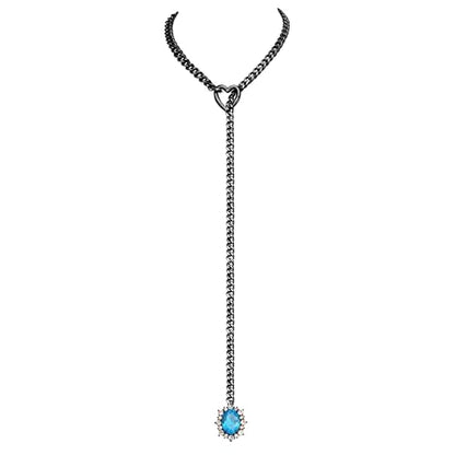 Women's Heart O-Ring Slip Chain Necklace, Double Layered Adjustable 39'' Cuban Chain with Detachable Heart Clasp and Colorful Rhinestone Pendant - color: 25'' Black-Ocean Blue
