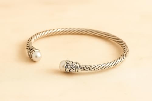 Pearl Gemstone Natural 925 Sterling Silver Ethnic Tribal Gypsy Bohemian Design Engraving Cuff Bracelet For Women Handmade Fashion Designer Bangle Bracelet Party Boho Jewelry