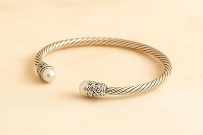 Pearl Gemstone Natural 925 Sterling Silver Ethnic Tribal Gypsy Bohemian Design Engraving Cuff Bracelet For Women Handmade Fashion Designer Bangle Bracelet Party Boho Jewelry